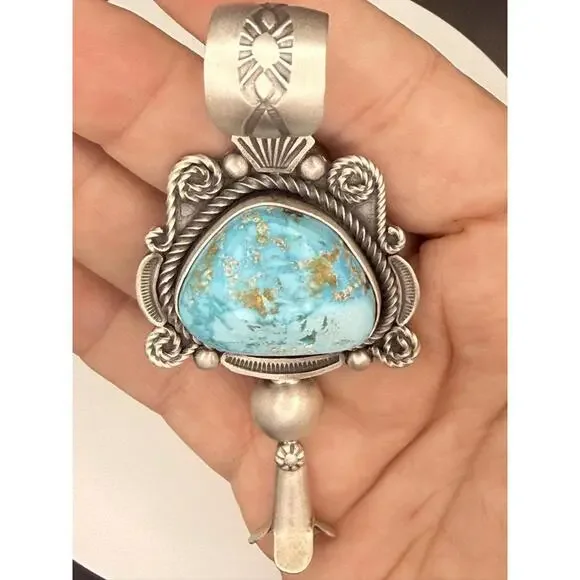 Navajo Ronald Tom Kingman Turquoise Blossom Sterling Silver Pendant - Picture 3 of 4